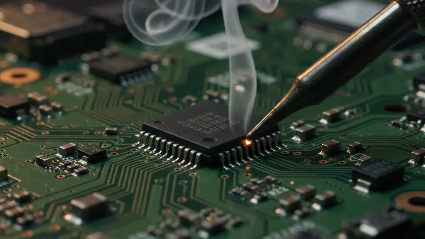 Soldering iron working on a chip on a phone motherboard