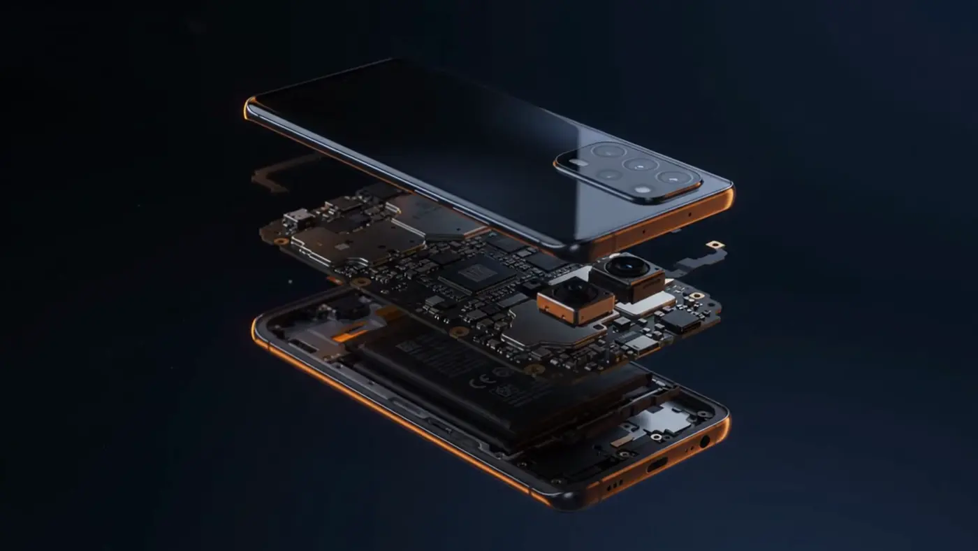 Phone opened in layers showing the battery inside