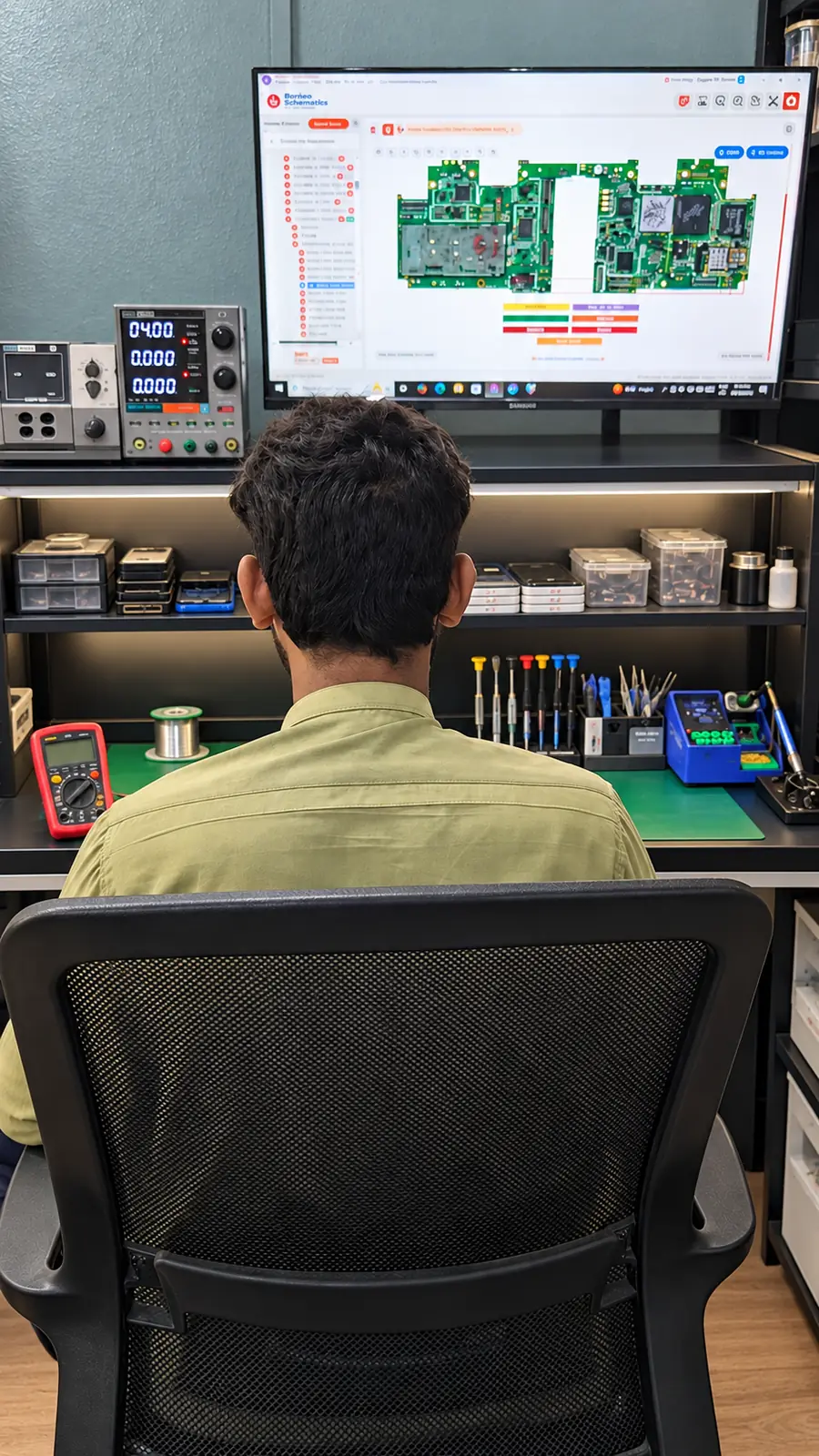 Technician reading a phone board schematic on screen